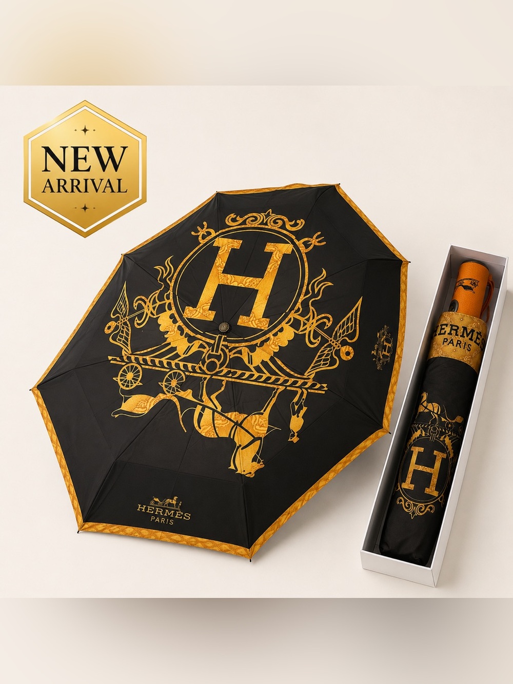 🌂Black & Gold Equestrian-Style Folding Umbrella 🌂